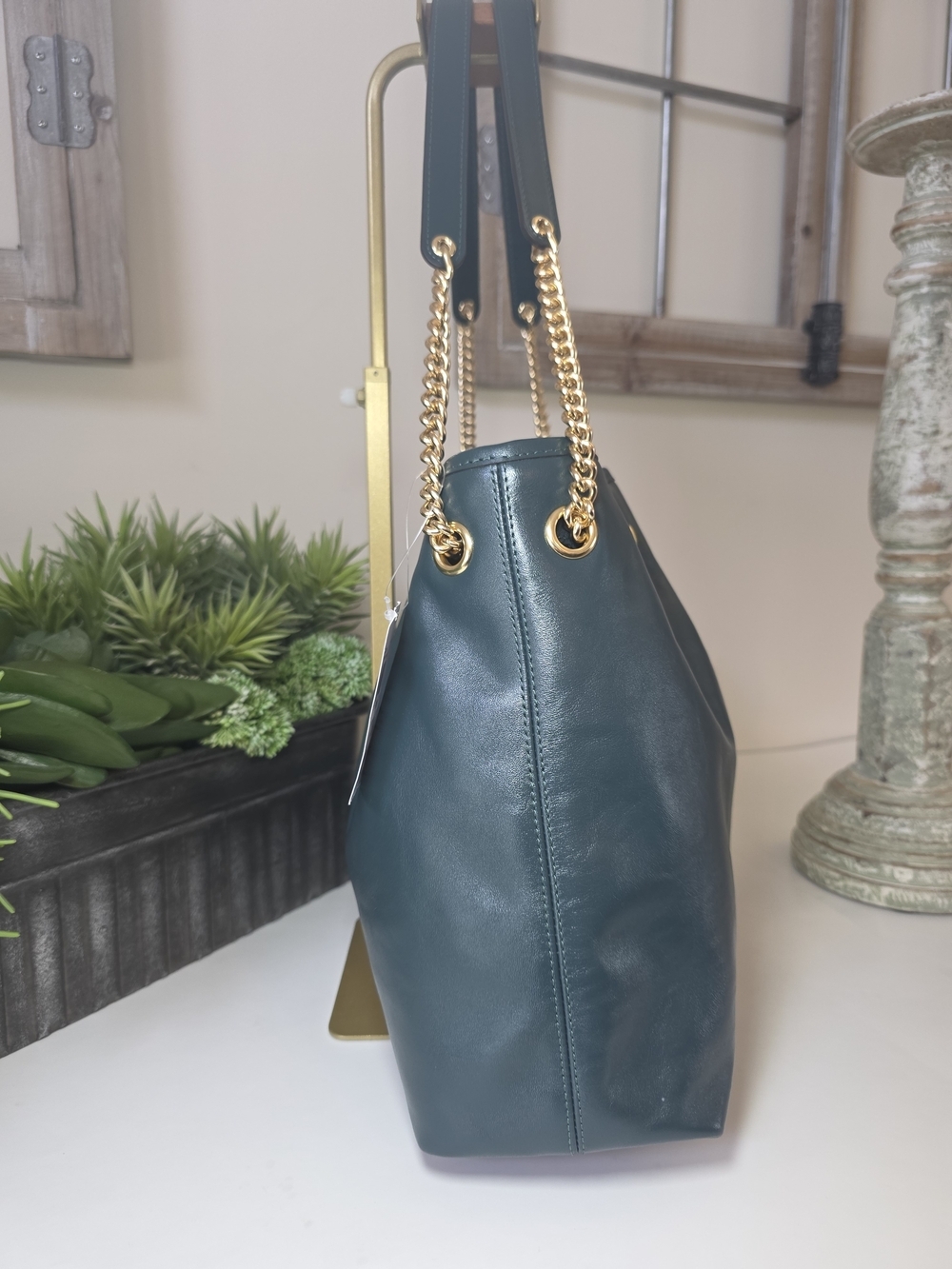 Coach Evelyn Shoulder Bag Dark Teal Smooth Leather Gold Chain- NWT - Picture 4 of 13